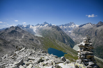 alpine hiking panorama with lakes and glaciers