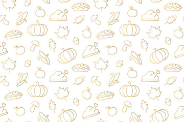 seamless golden pattern with Thanksgiving icons - vector illustration