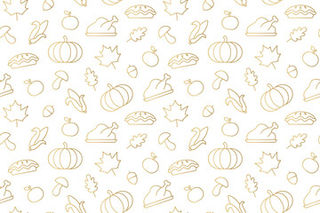 seamless golden pattern with Thanksgiving icons - vector illustration