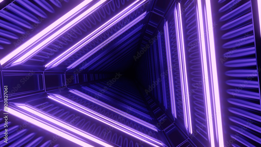 Poster purple background.design. a bright corridor in abstraction that rotates clockwise and in which brigh