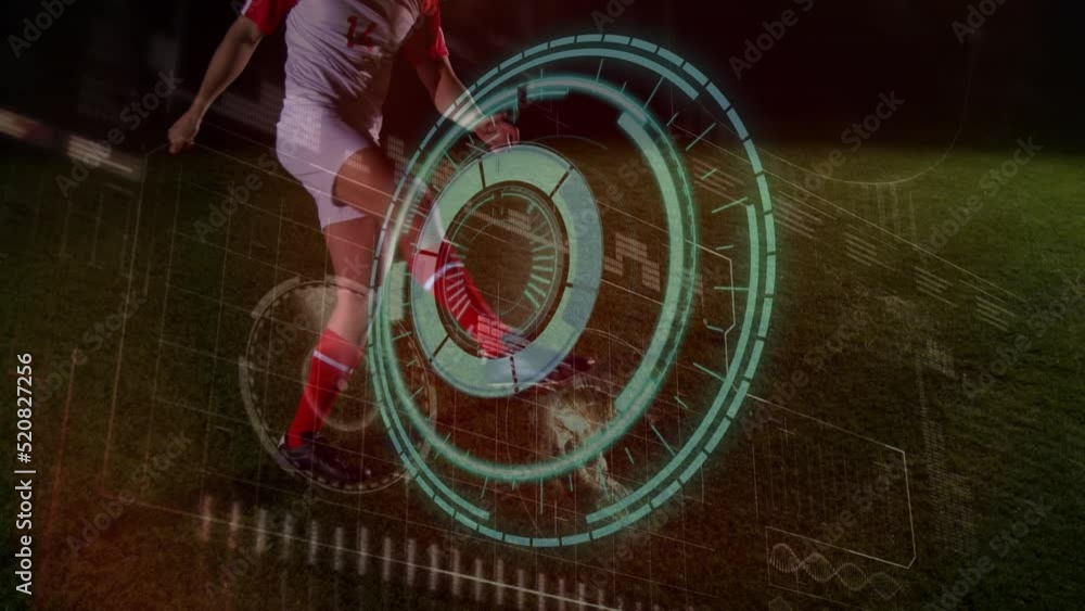 Aufkleber animation of data processing with scope scanning over football player kicking ball