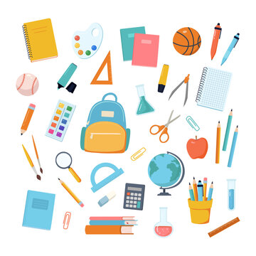 Back To School Supplies Collection. Set Of Colored Stationery, Backpack, Textbooks, Notebooks, Sports Equipment, Drawing, Chemical Flasks. Flat Cartoon Vector Illustrations.