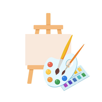 Art supplies. Paints, brushes, watercolor, palette, easel cartoon flat vector illustrations. Painting tools items