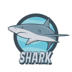 Vector Cartoon Shark Sign. Hand Drawn Colored White Shark, Logo Design. Ocean Predator. Marine, Ocean, Sea Animals. Shark Character Design for Logo, Tatto, Print, Cards