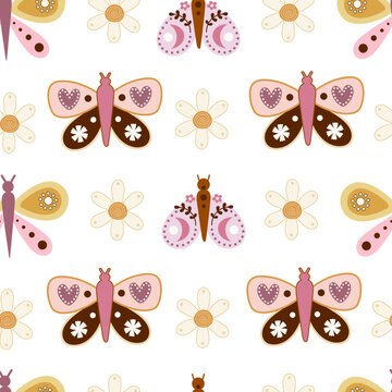 groovy seamless pattern with cartoon butterflies, flowers, décor elements. Vector illustration. hand drawing. design for fabric, print, wrapper, textile