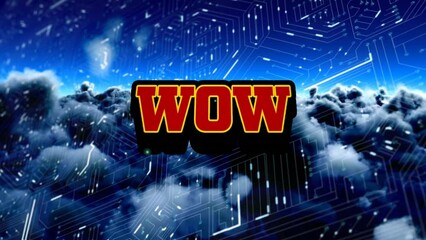 Animation of wow text over computer circuit board and sky with clouds - Powered by Adobe