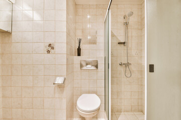 Sinks with mirrors and clean toilet located near shower box with glass door in modern bathroom with...