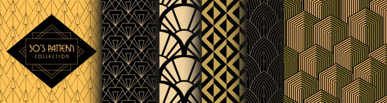 30's Collection of seamless patterns | Set of abstract art deco vector graphics in retro vintage style for apparel | Flyer. poster, banner elements