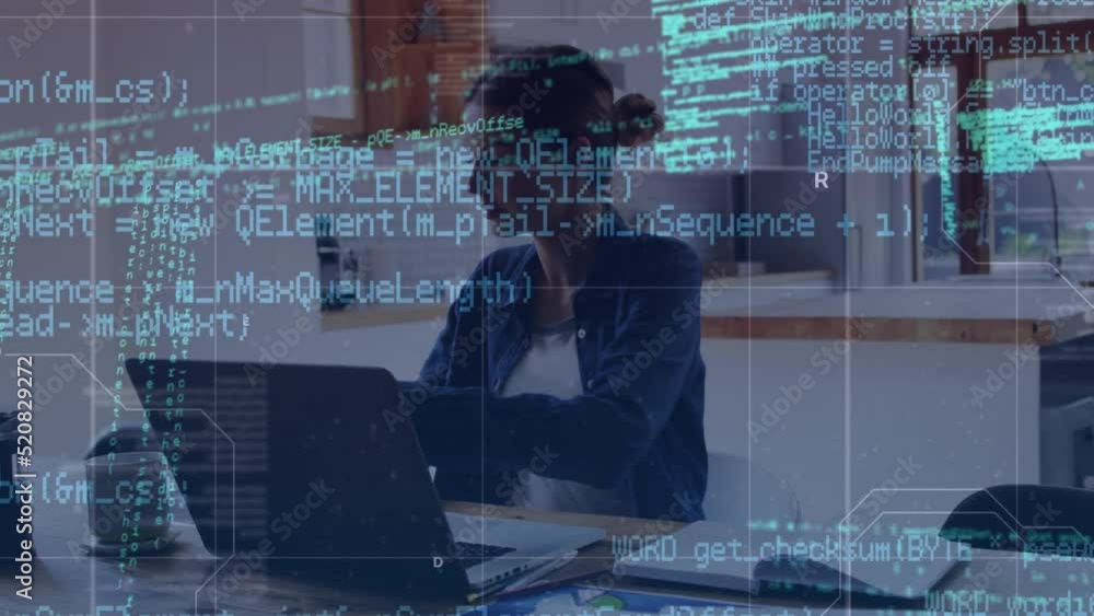 Poster animation of data processing over smiling financial data processing over businesswomen using tablet