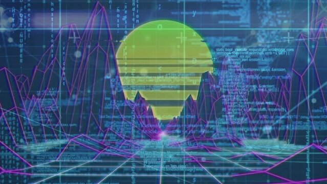 Animation of data processing over digital mountains and sun