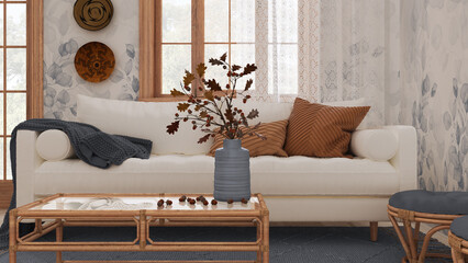 Retro living room in white and gray tones closeup. Sofa, rattan table with autumn decors. Boho chic design, fall interior concept © ArchiVIZ