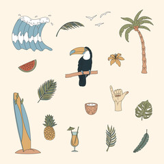 A set of hand drawn surfing elements. Waves, surfboard, palm trees, tropical leaves and more. Flat vector illustration. © Александра Туркина