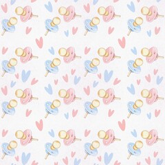 Simple hand drawn seamless pattern of pink and blue pacifiers and hearts.