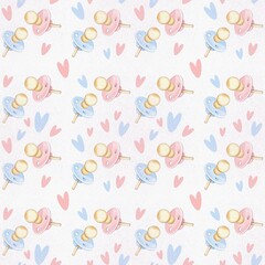 Simple hand drawn seamless pattern of pink and blue pacifiers and hearts.