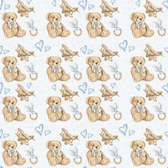Beautiful hand drawn seamless pattern with hearts, soft toy teddy bear and wooden plane on blue background. 