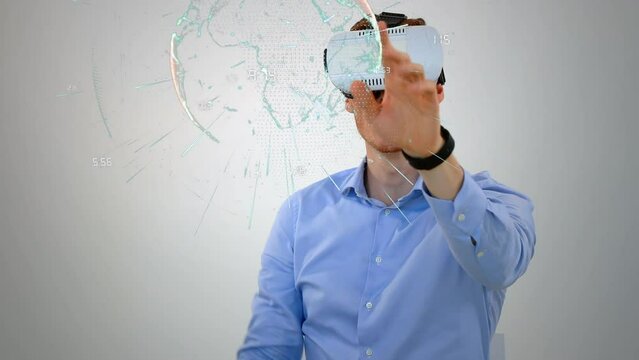 Animation of globe with connections over caucasian man wearing vr headset