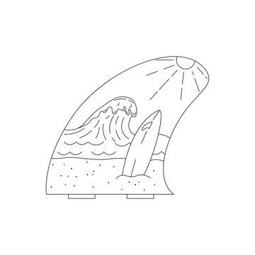 Landscape with surfboard, sea and sun in the shape of a surfboard fin. Badge, flat vector illustration.