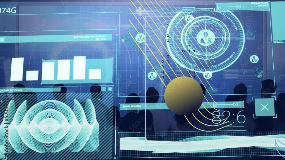 Poster animation of data processing and scope scanning over business people