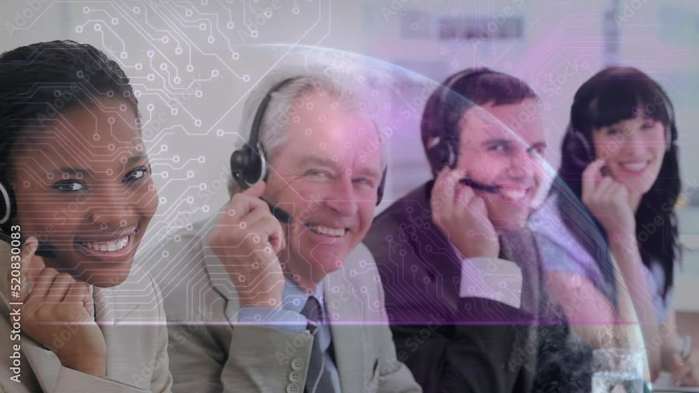 Poster animation of globe and computer circuit board over diverse business people using phone headsets