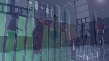Animation of financial data processing over diverse basketball players and cityscape - Powered by Adobe
