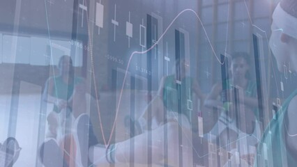 Animation of financial data processing over diverse basketball players and cityscape - Powered by Adobe