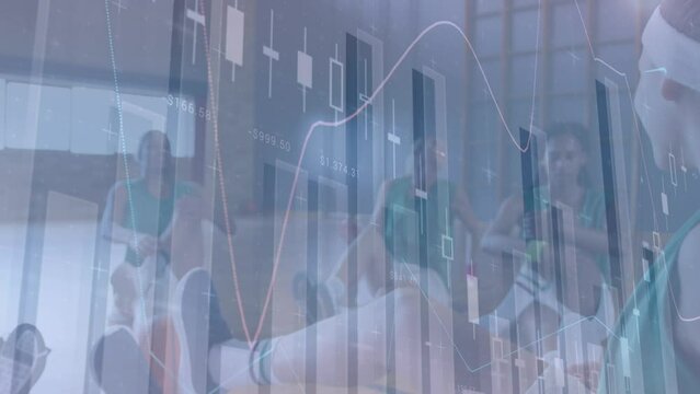 Animation of financial data processing over diverse basketball players and cityscape - Powered by Adobe