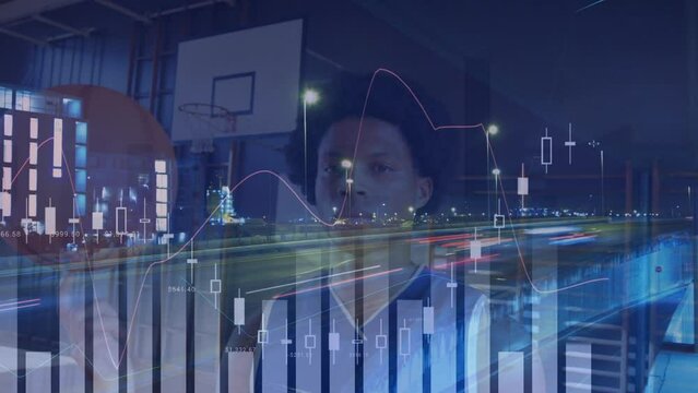Animation of financial data processing over african american basketball player and cityscape