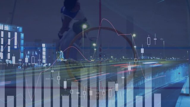 Animation of financial data processing over diverse basketball players and cityscape
