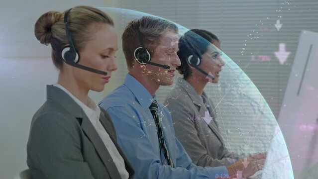 Animation of globe and data over diverse business people using phone headsets