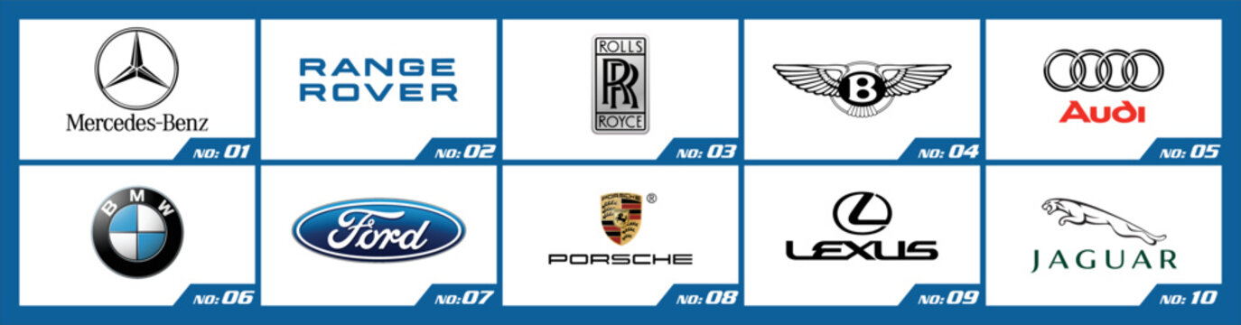 Tokyo, Japan - November 10, 2022: Top 10 Luxury car brands in the world in 2022. Logos collection of different brands of cars, on transparent paper. TV magazine print out.