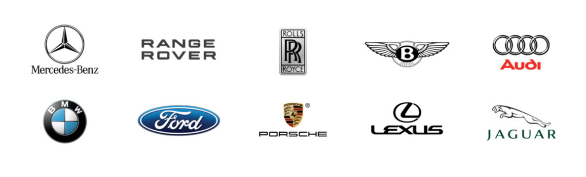 Tokyo, Japan - November 10, 2022: Top 10 Luxury car brands in the world in 2022. Logos collection of different brands of cars, on transparent paper. TV magazine print out.