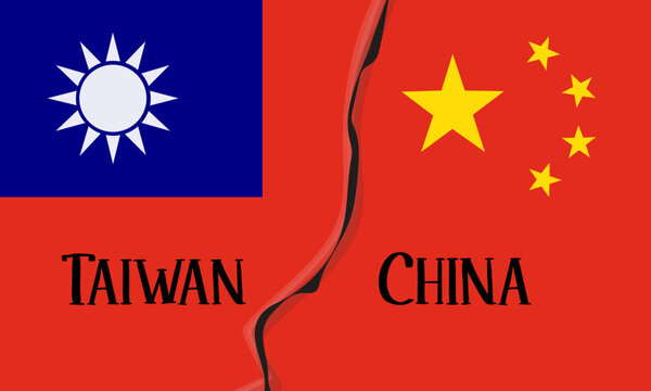 The Military Conflict Between China And Taiwan. Flags Of Countries Divided By Contradictions. Vector Conceptual Illustration