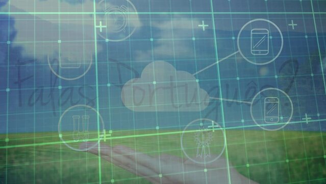 Animation of falas portugues text and network of connections over landscape