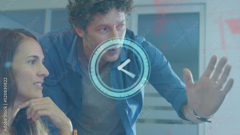 Poster animation of clock and data processing over diverse business people