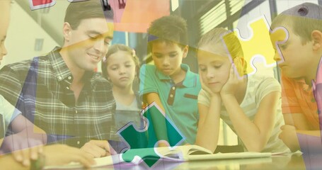 Animation of puzzle pieces over diverse schoolchildren and teacher - Powered by Adobe