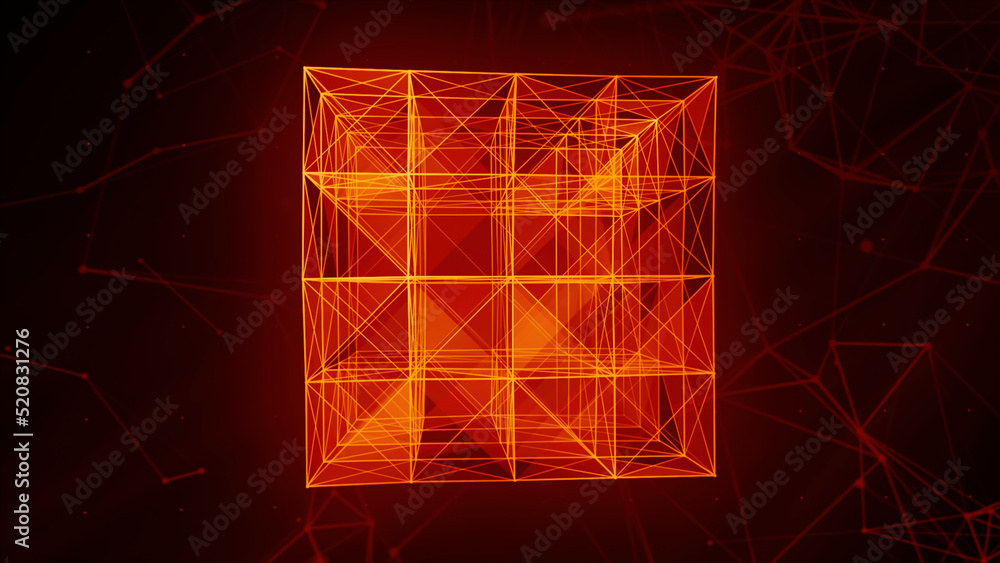 Poster gray and orange background. motion. bright thin lines make up geometric figures in abstraction and m