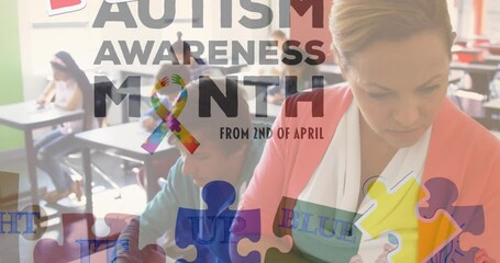 Animation of autism awareness month text over diverse schoolchildren and teacher using tablet - Powered by Adobe