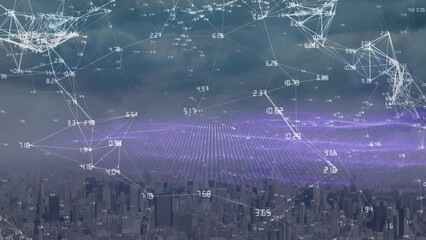 Animation of network of connections and light spots over cityscape - Powered by Adobe