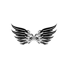 A pair of bird wings. Angel. Vector illustration for tattoo. Element for wood carving.