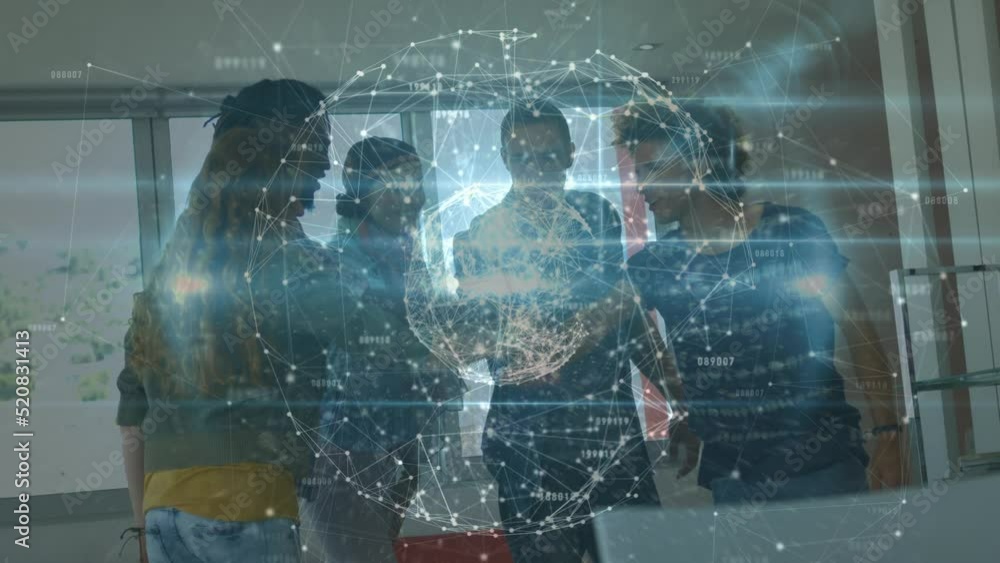 Poster animation of globe with network of connections over diverse students