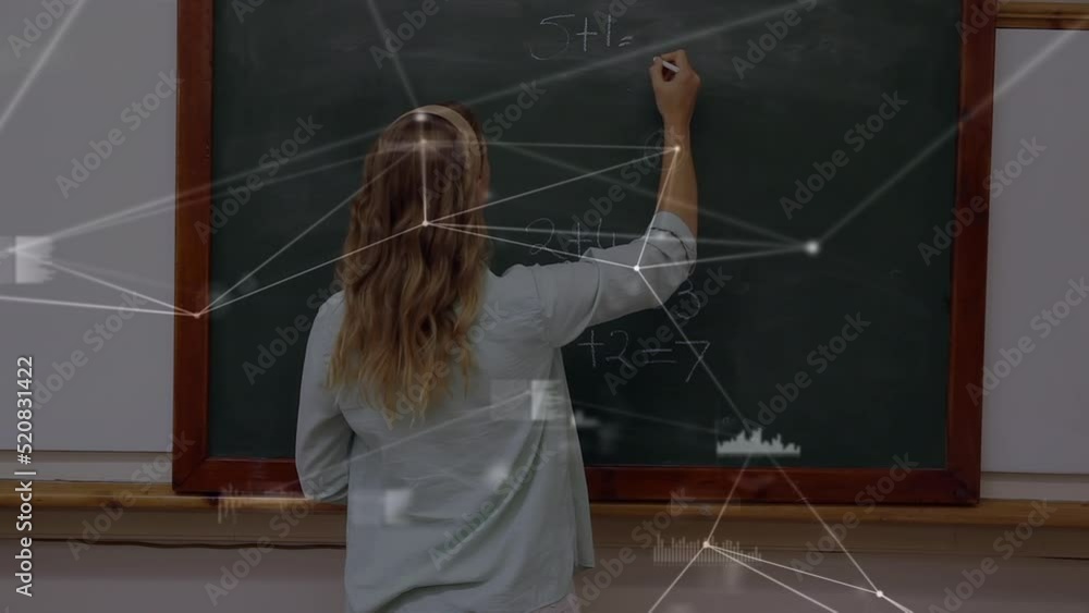 Sticker Animation of network of connections over caucasian female teacher writing on board