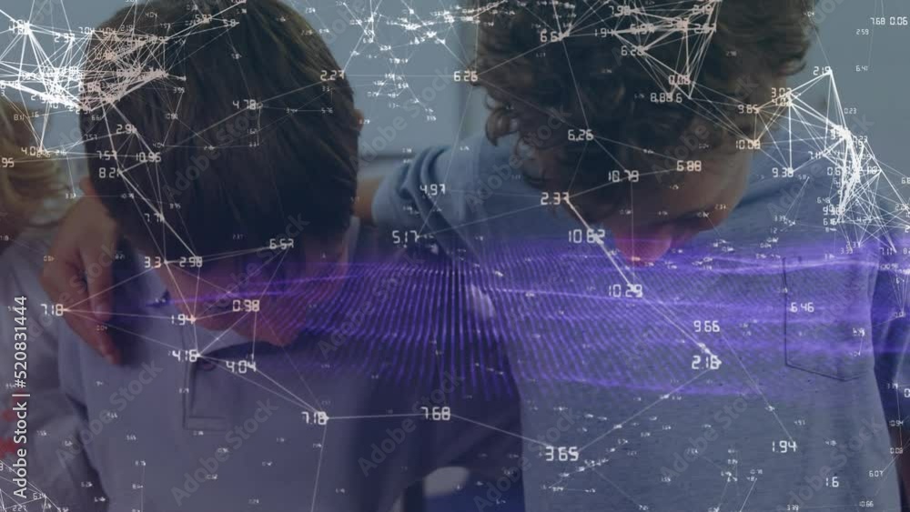 Wall mural Animation of network of connections over diverse school children