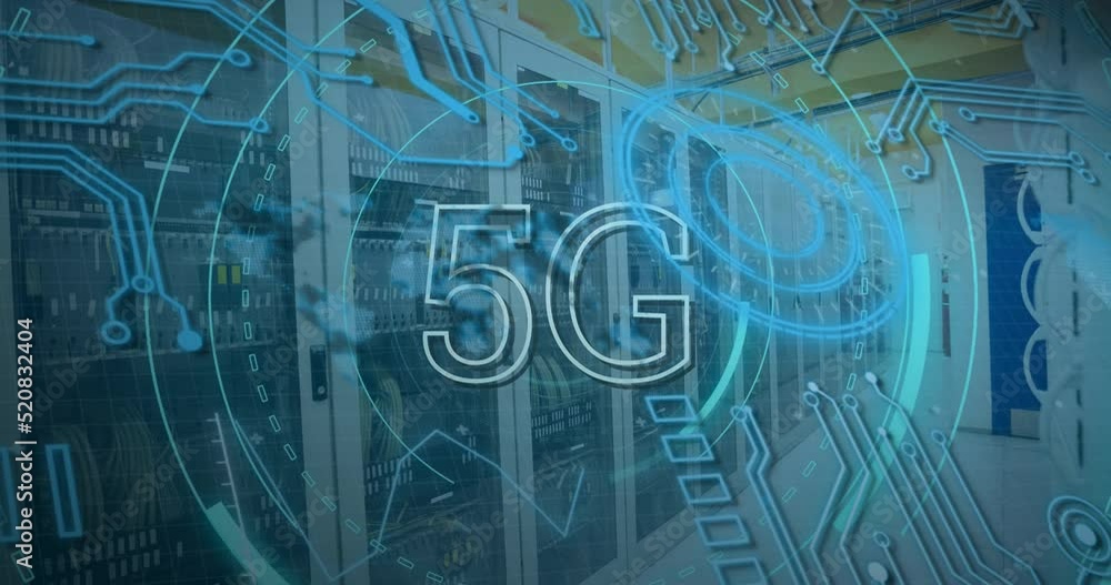 Poster animation of 5g text and data processing over server room