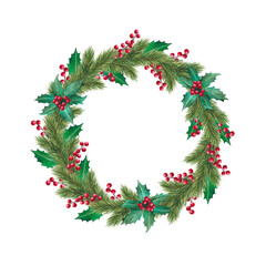 Fototapeta na wymiar Decorative Christmas wreath with pine branches and mistletoe. Watercolor round border.
