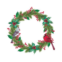 Fototapeta na wymiar Decorative Christmas wreath with pine branches, colorful cardinal birds and mistletoe. Watercolor round border.