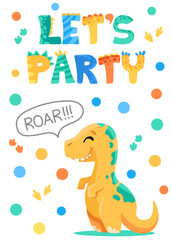 Dinosaurs birthday party invitation card template. Lets party poster with cute dinosaurs, space for text, date and roar lettering. Vector cartoon illustration for children
