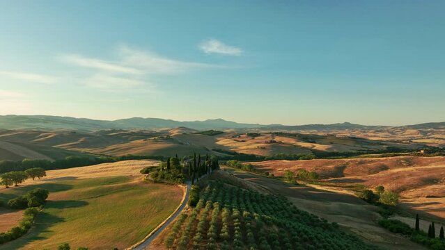 View from above, aerial view of a stunning sunrise over the Val D' Orcia. Val D' Orcia is  a wide and beautiful countryside in southern Tuscany. 