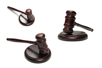 Wooden judge gavel and soundboard isolated on a white background.