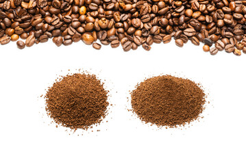 Coffee beans on a white background. Top view.