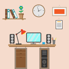 Desktop computer with monitor, speakers, keyboard, table lamp, clock, flowers? books and mouse. Flat style vector illustration.